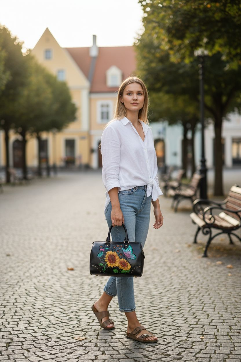 Bolsa de mano negra con girasoles y mariposa grabados a color – elegante y artesanal