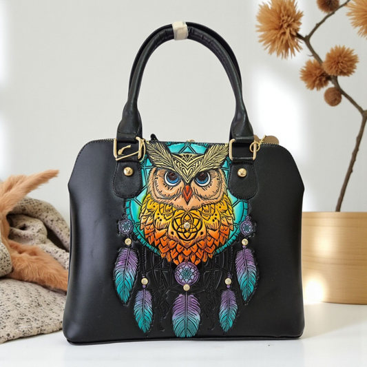 Bolsa artesanal con diseño de búho y atrapasueños – Estilo único y color vibrante