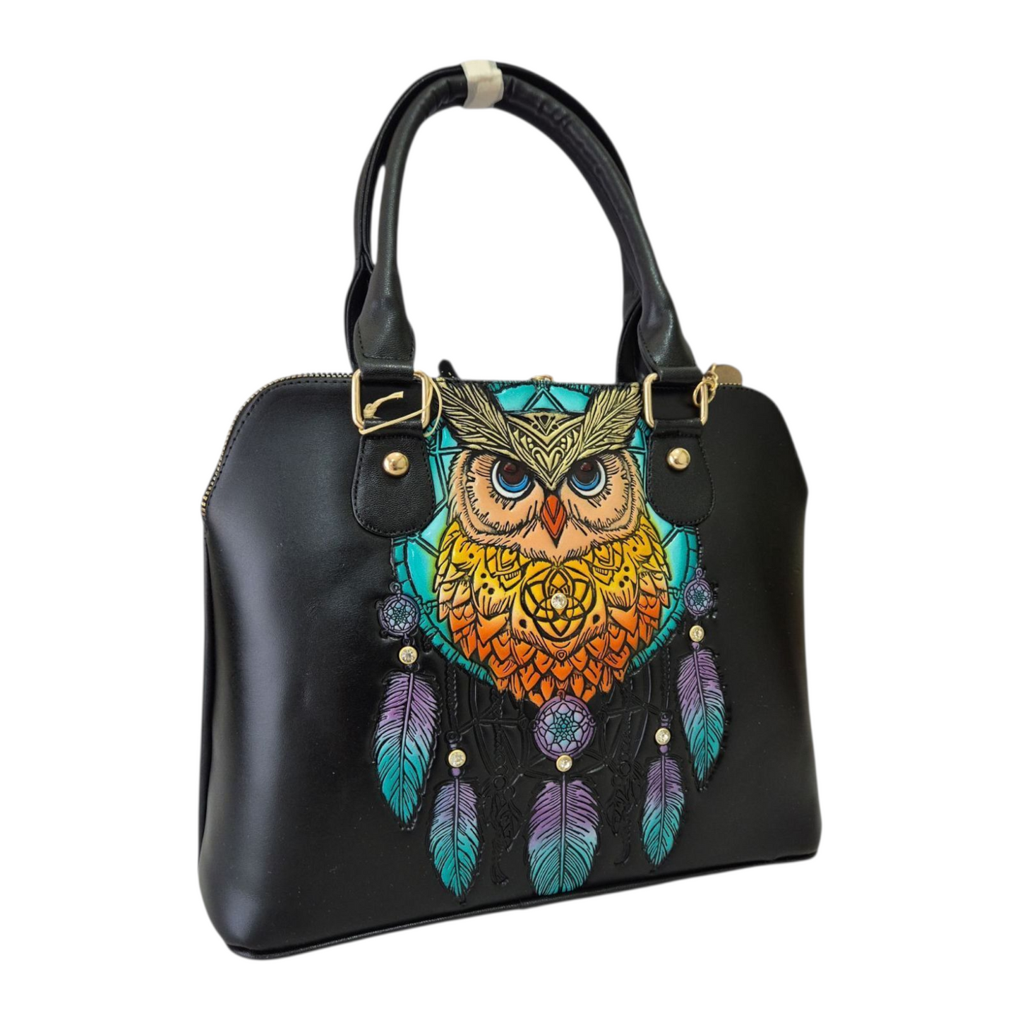 Bolsa artesanal con diseño de búho y atrapasueños – Estilo único y color vibrante