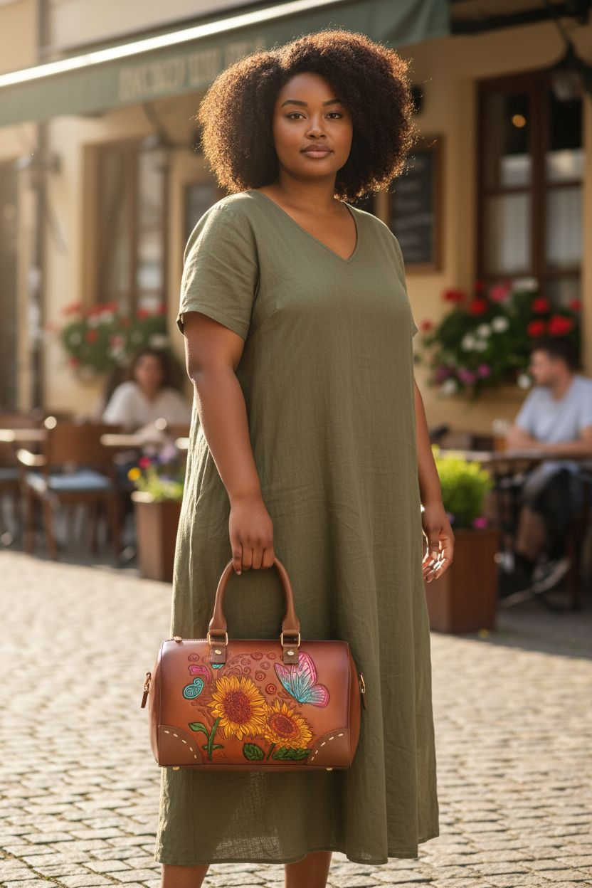 Bolsa de mano café con girasoles y mariposa grabados a color – elegante y artesanal