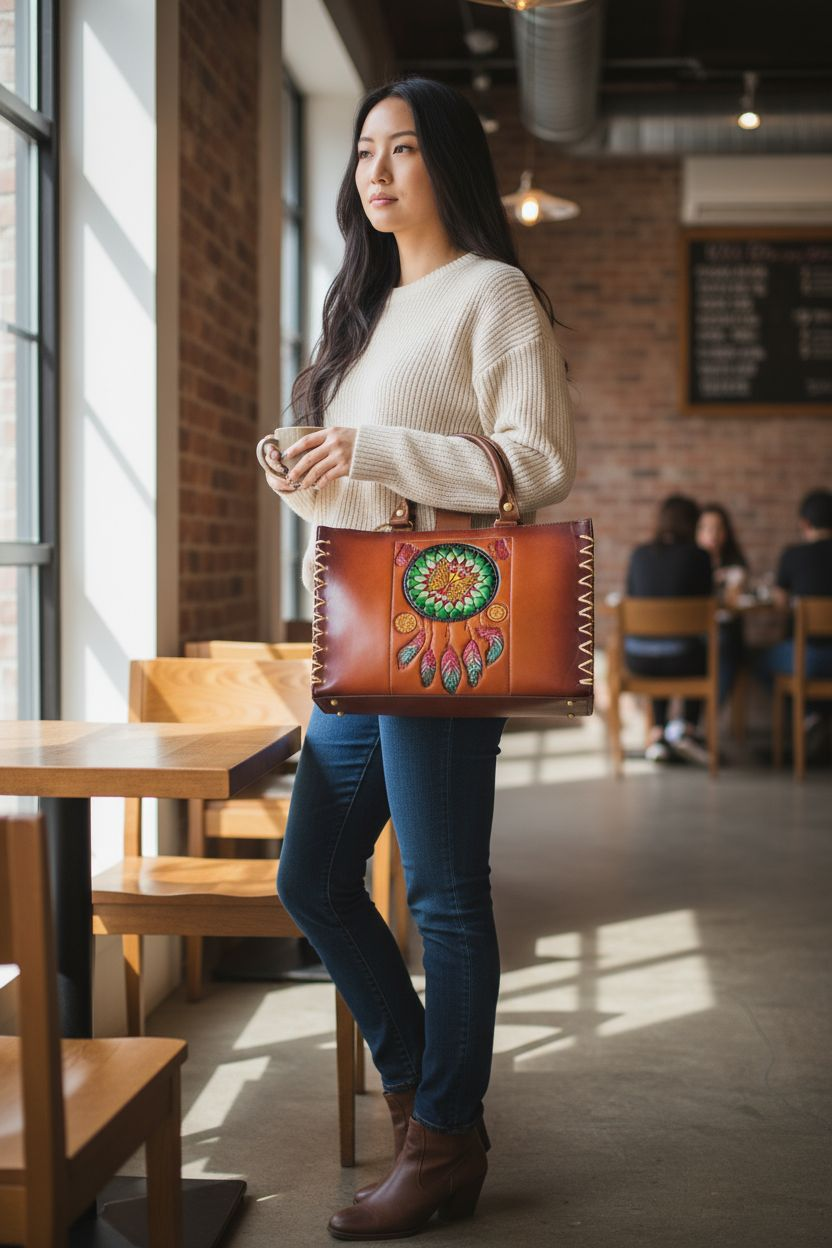 Bolsa artesanal grabada con atrapasueños y mariposas – Hecha a mano, diseño único