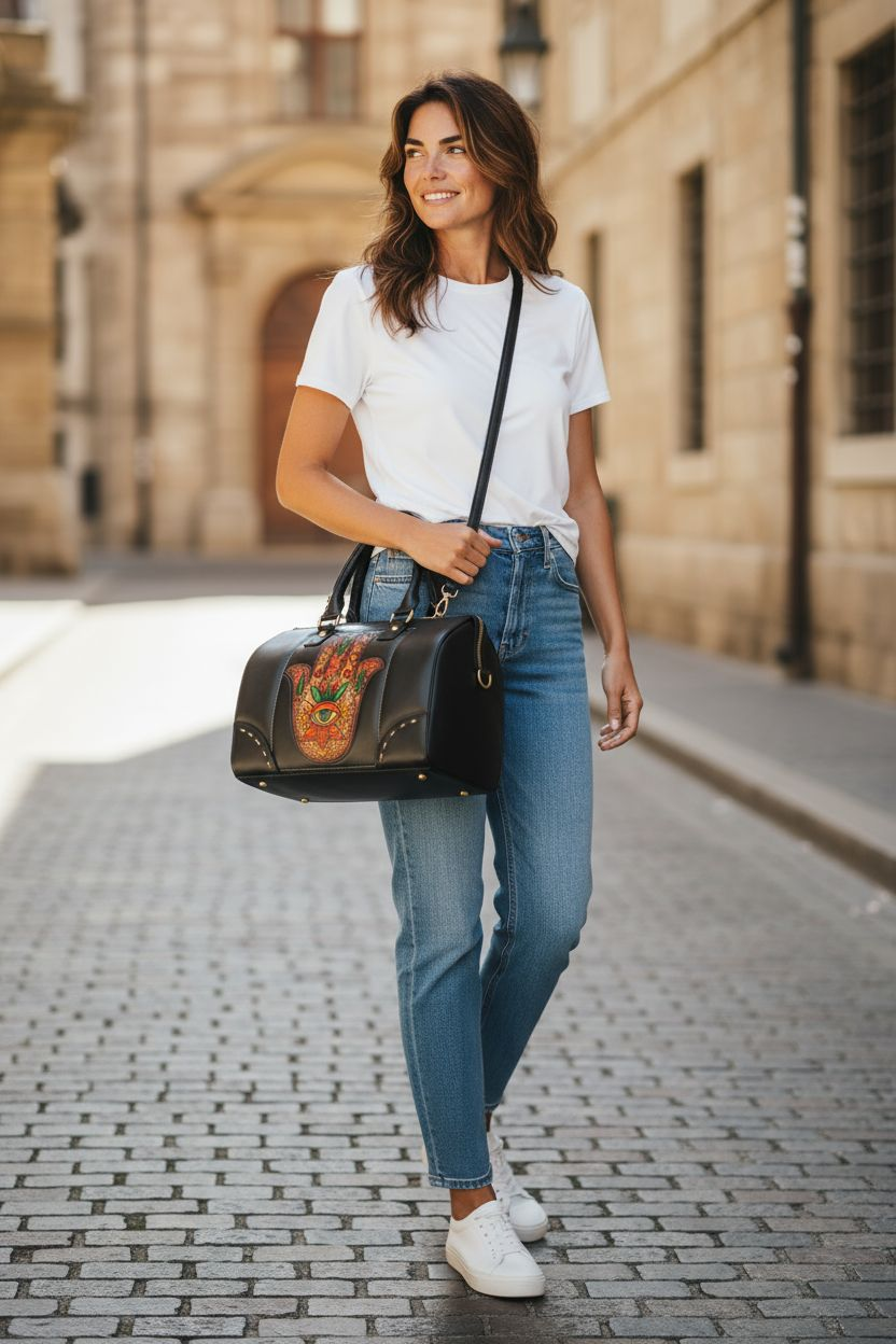 Black handbag with a handmade Fatima's Hand design – Elegant bohemian style