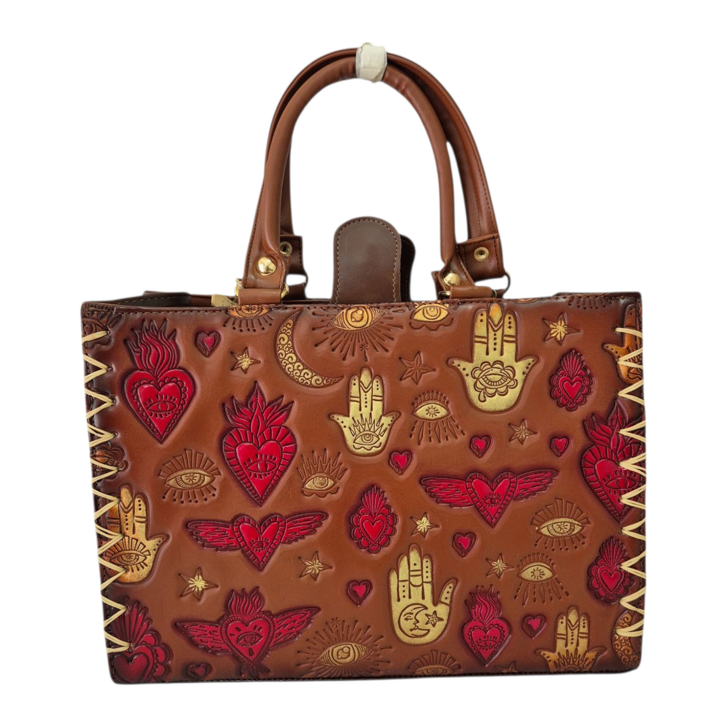 Bolsa artesanal con Mano de Fátima y símbolos místicos grabados