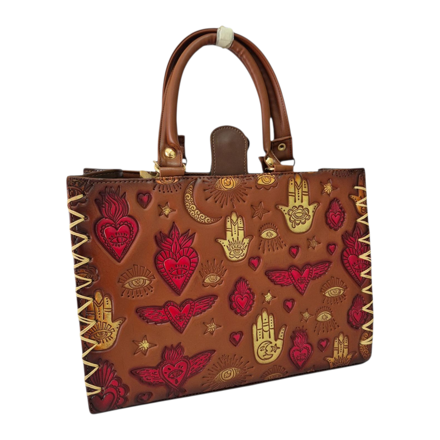 Bolsa artesanal con Mano de Fátima y símbolos místicos grabados