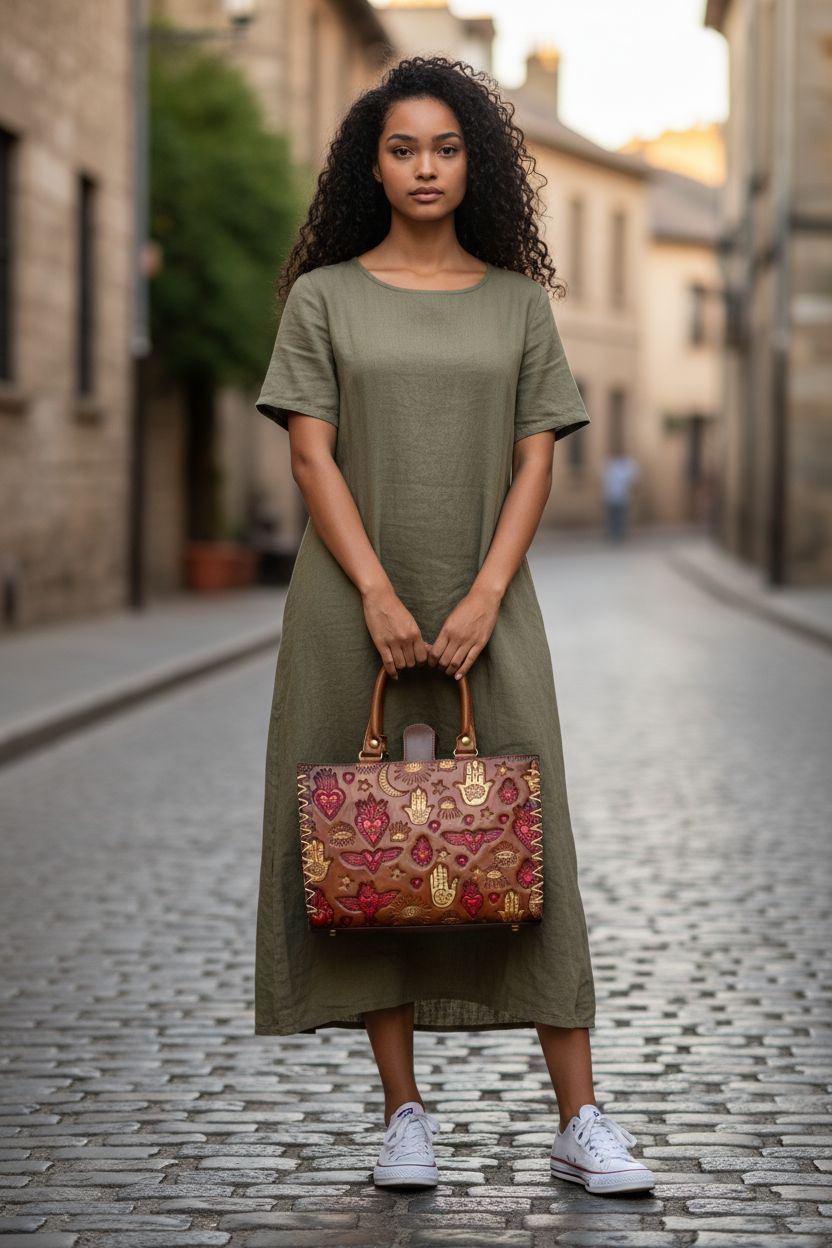 Bolsa artesanal con Mano de Fátima y símbolos místicos grabados