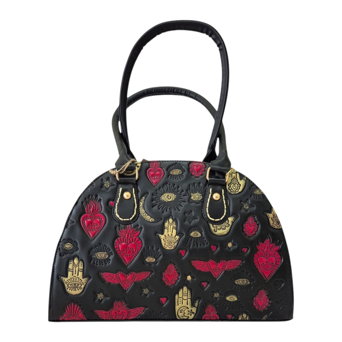 Bolsa artesanal negra con símbolos místicos grabados en dorado y rojo