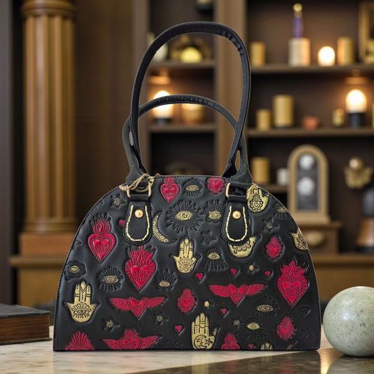 Bolsa artesanal negra con símbolos místicos grabados en dorado y rojo