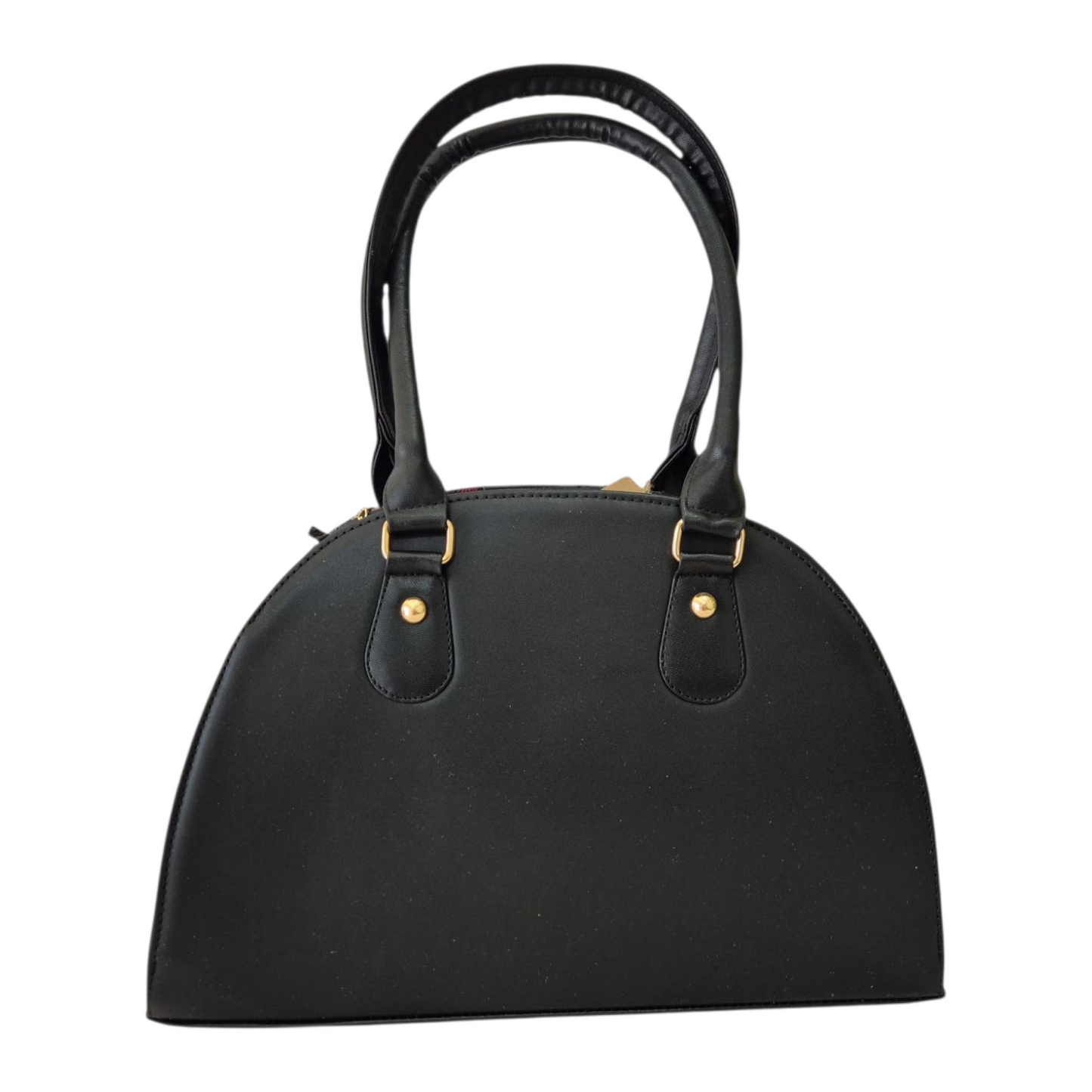 Bolsa artesanal negra con símbolos místicos grabados en dorado y rojo