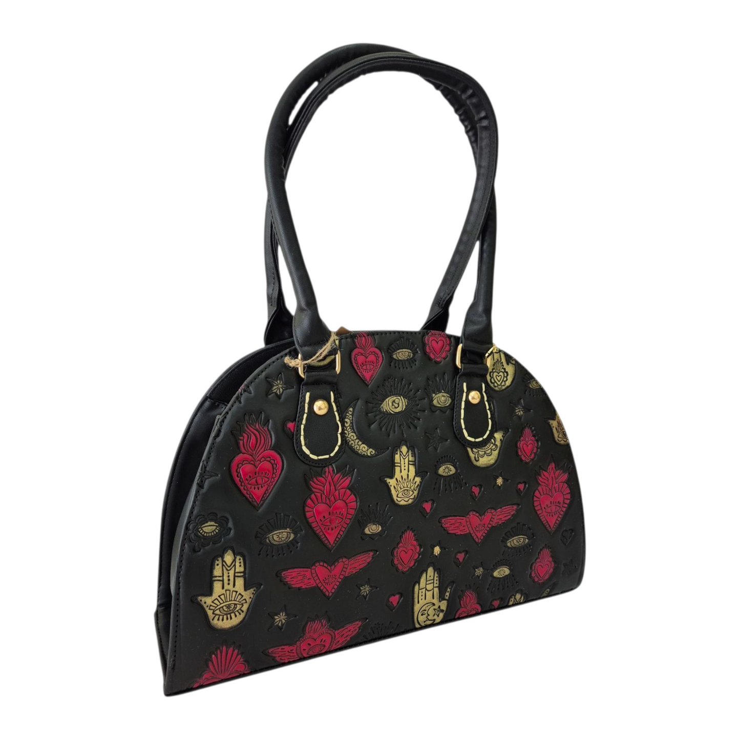 Bolsa artesanal negra con símbolos místicos grabados en dorado y rojo