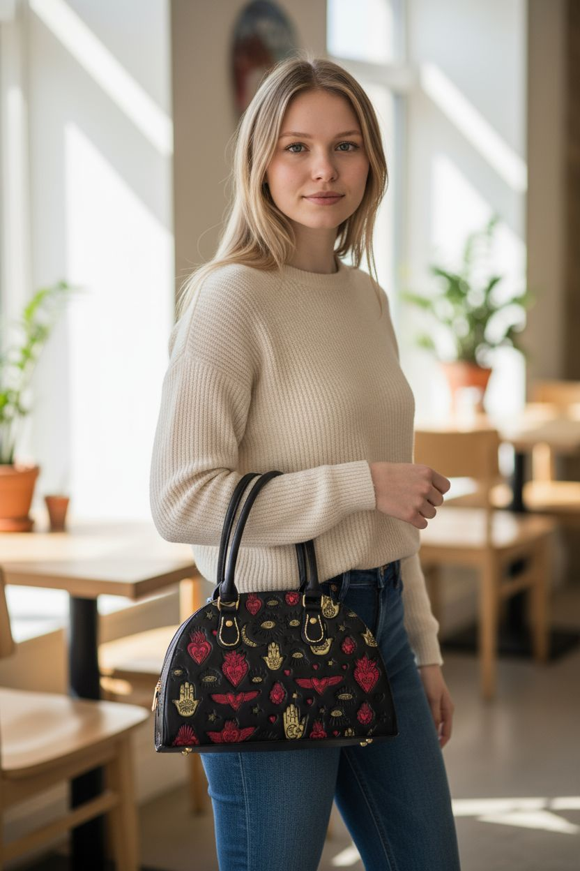 Bolsa artesanal negra con símbolos místicos grabados en dorado y rojo