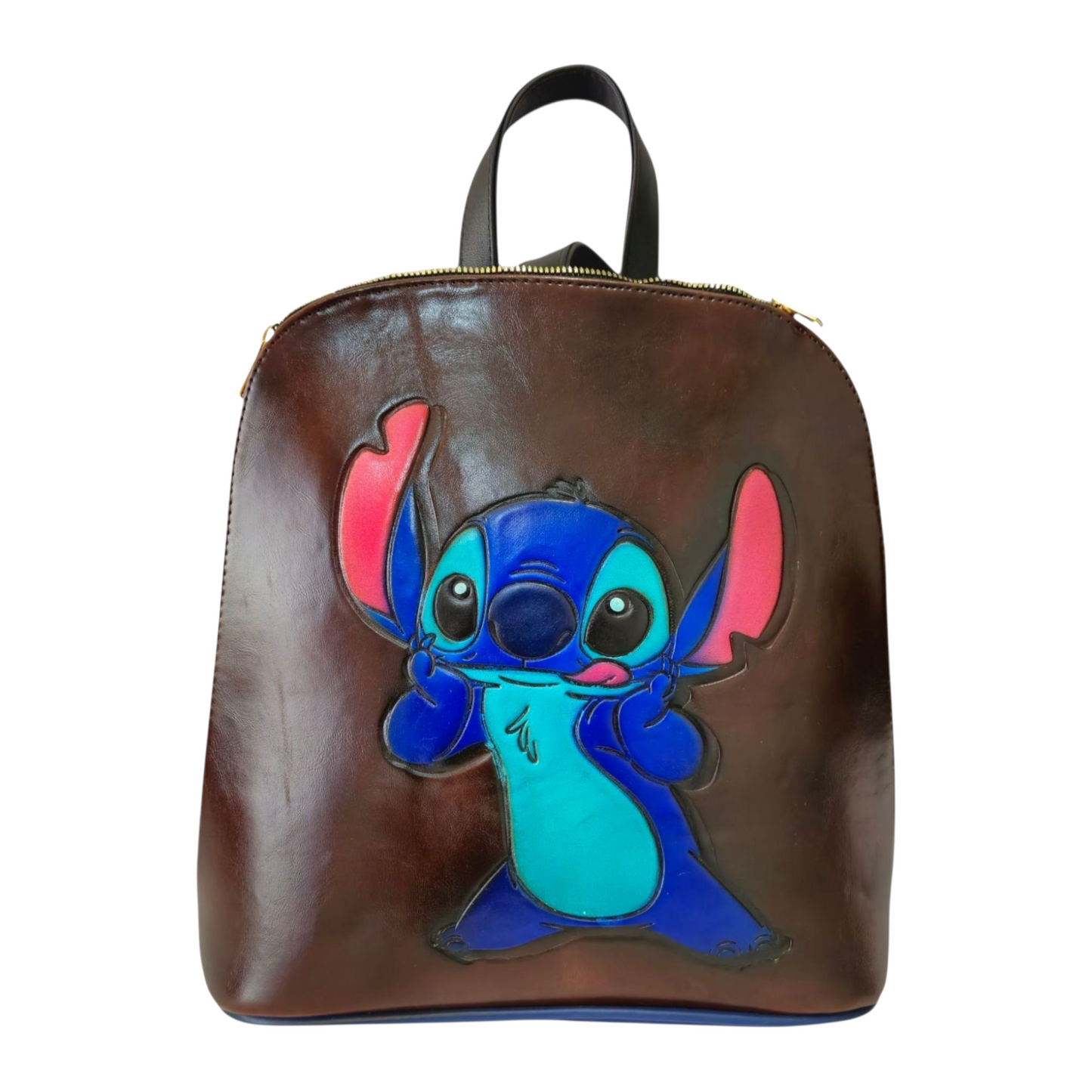 Mochila café con azul y diseño divertido de personaje animado