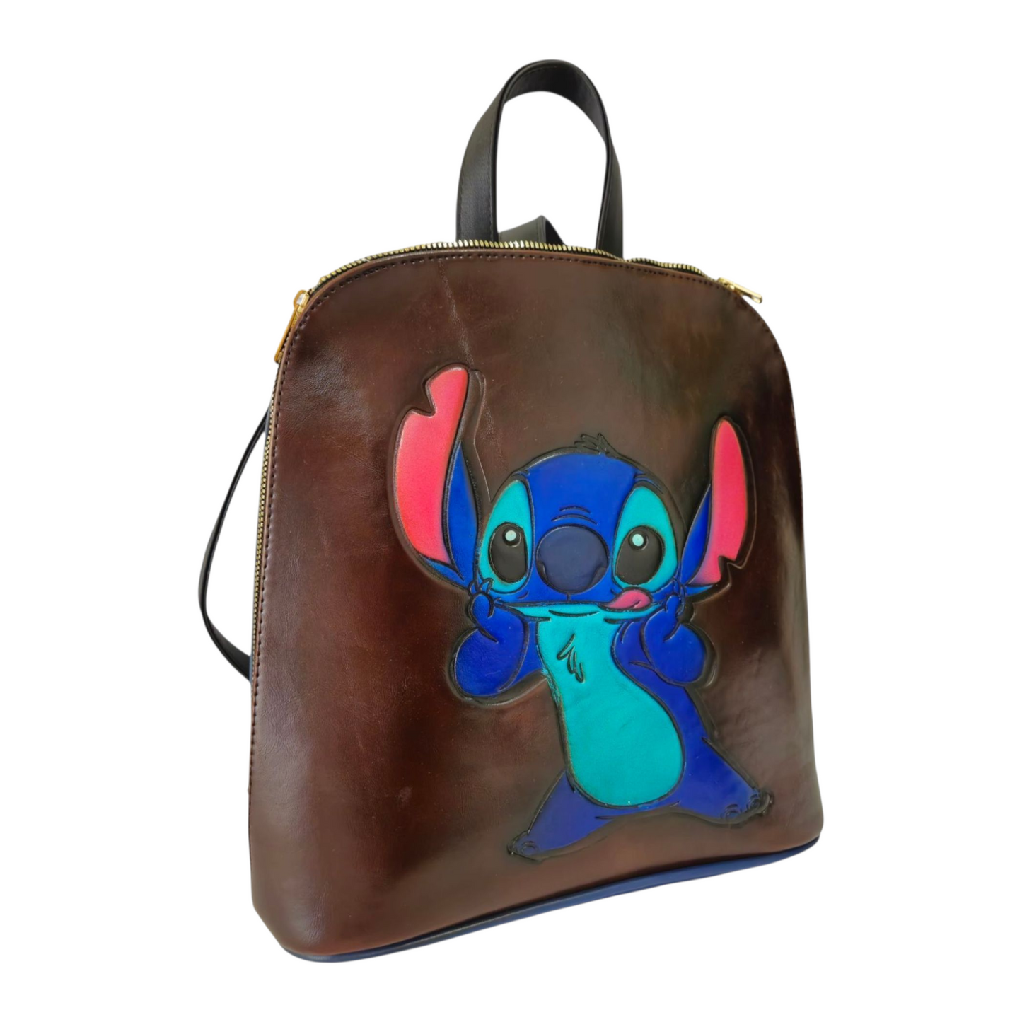 Mochila café con azul y diseño divertido de personaje animado