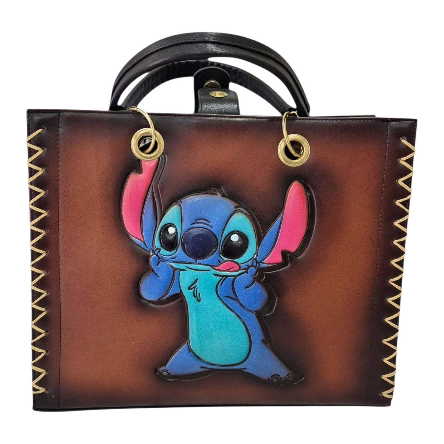 Bolsa artesanal café con diseño colorido de personaje grabado a mano