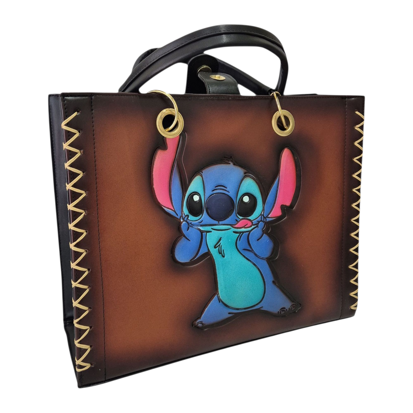 Bolsa artesanal café con diseño colorido de personaje grabado a mano