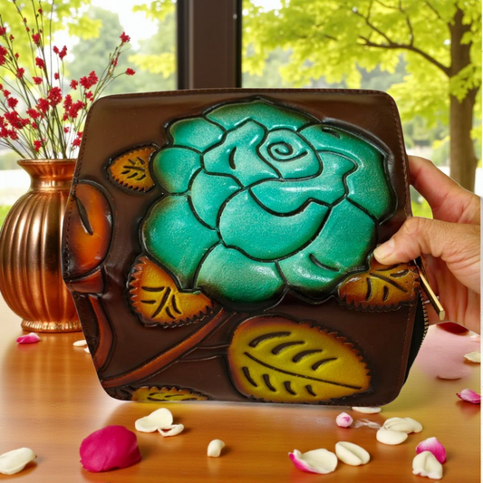Billetera artesanal con diseño de rosa turquesa – elegancia y arte hecho a mano