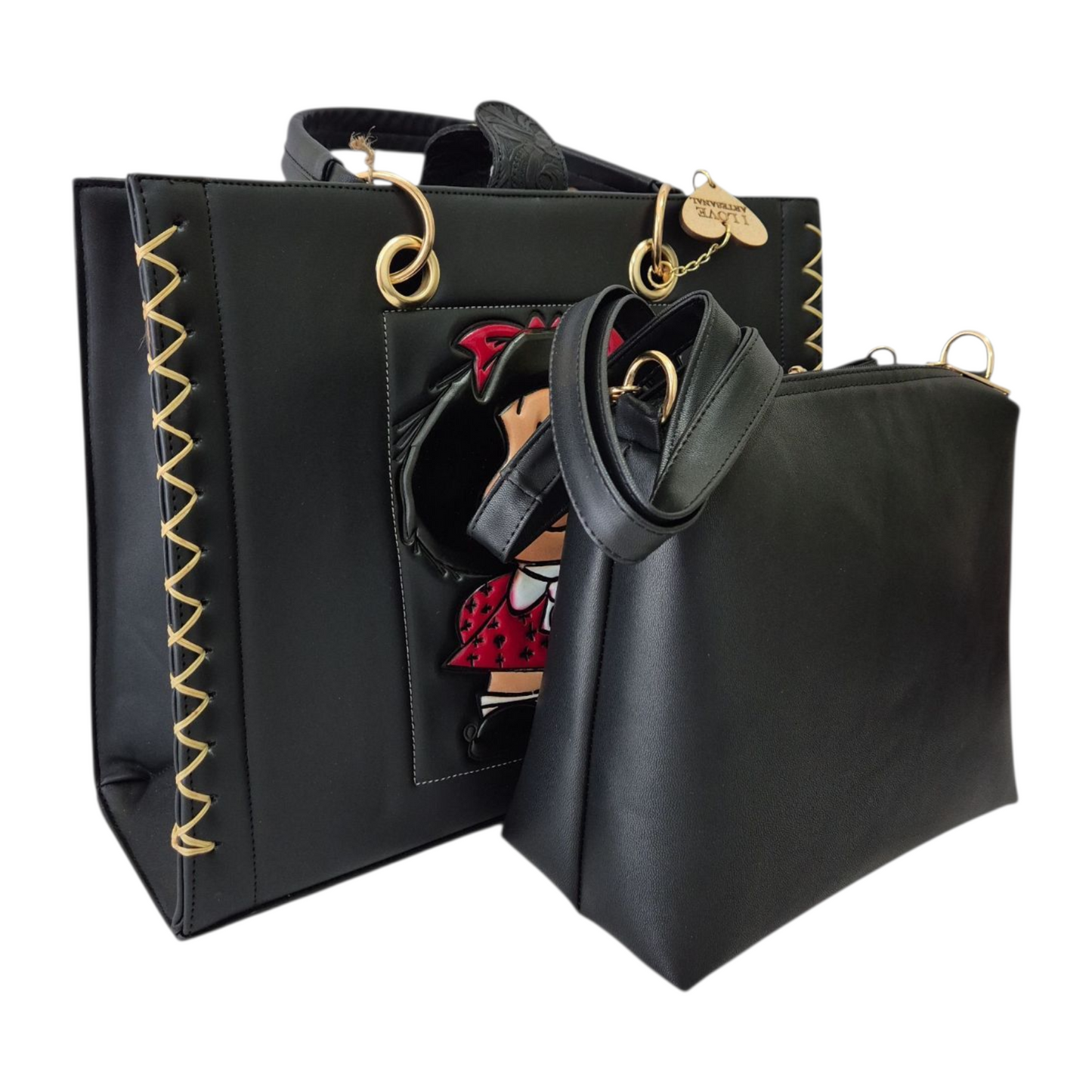 Bolsa artesanal negra tipo tote con diseño divertido, asa larga y cosmetiquera