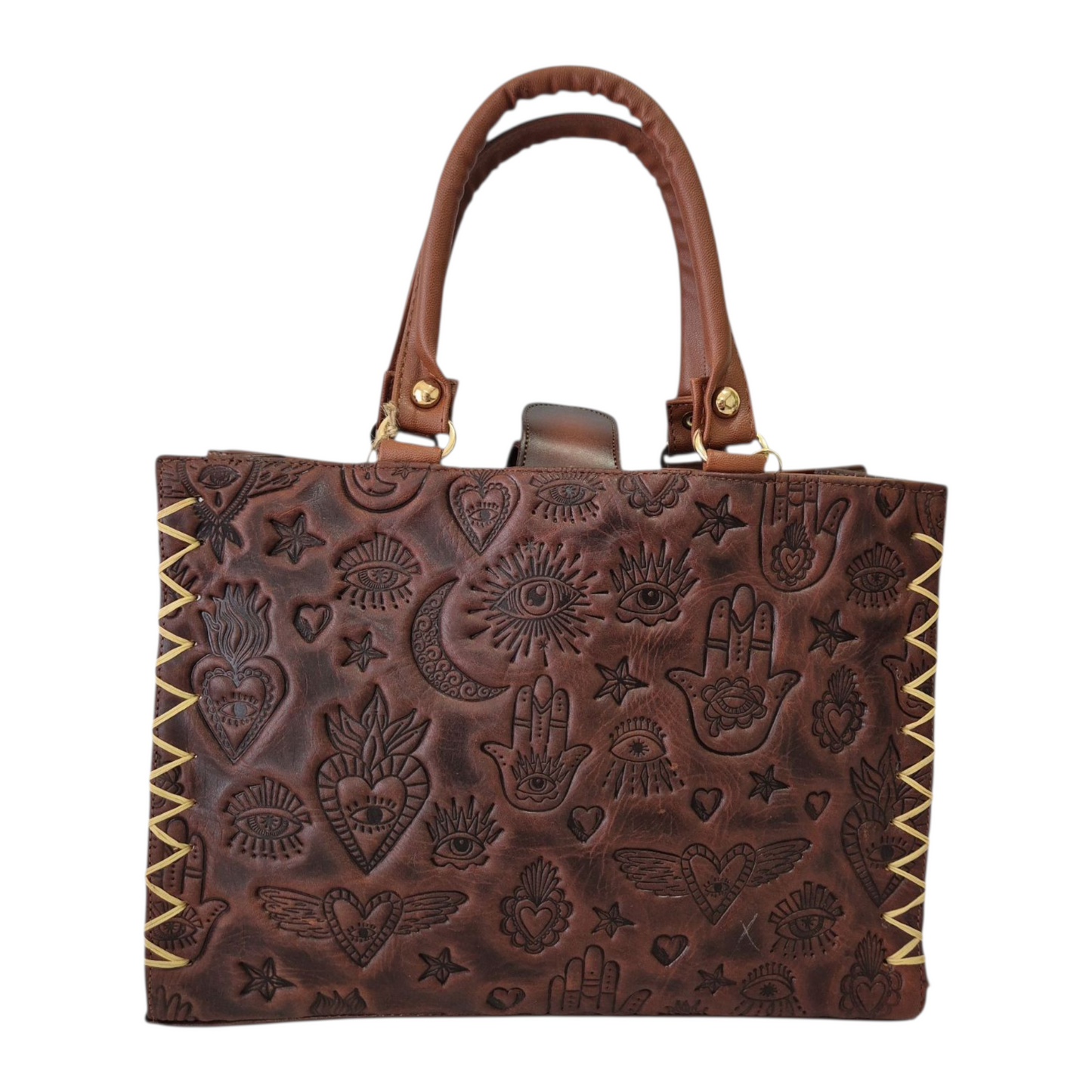 Bolsa artesanal café grabada con símbolos místicos – Asa corta y larga ajustable