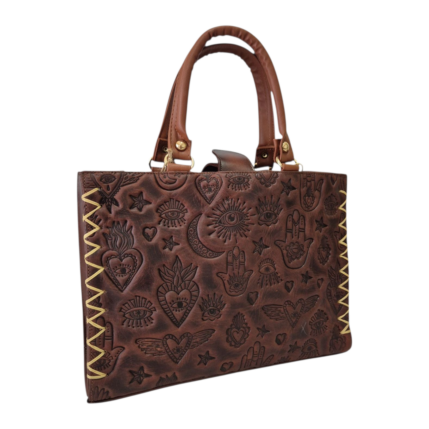 Bolsa artesanal café grabada con símbolos místicos – Asa corta y larga ajustable