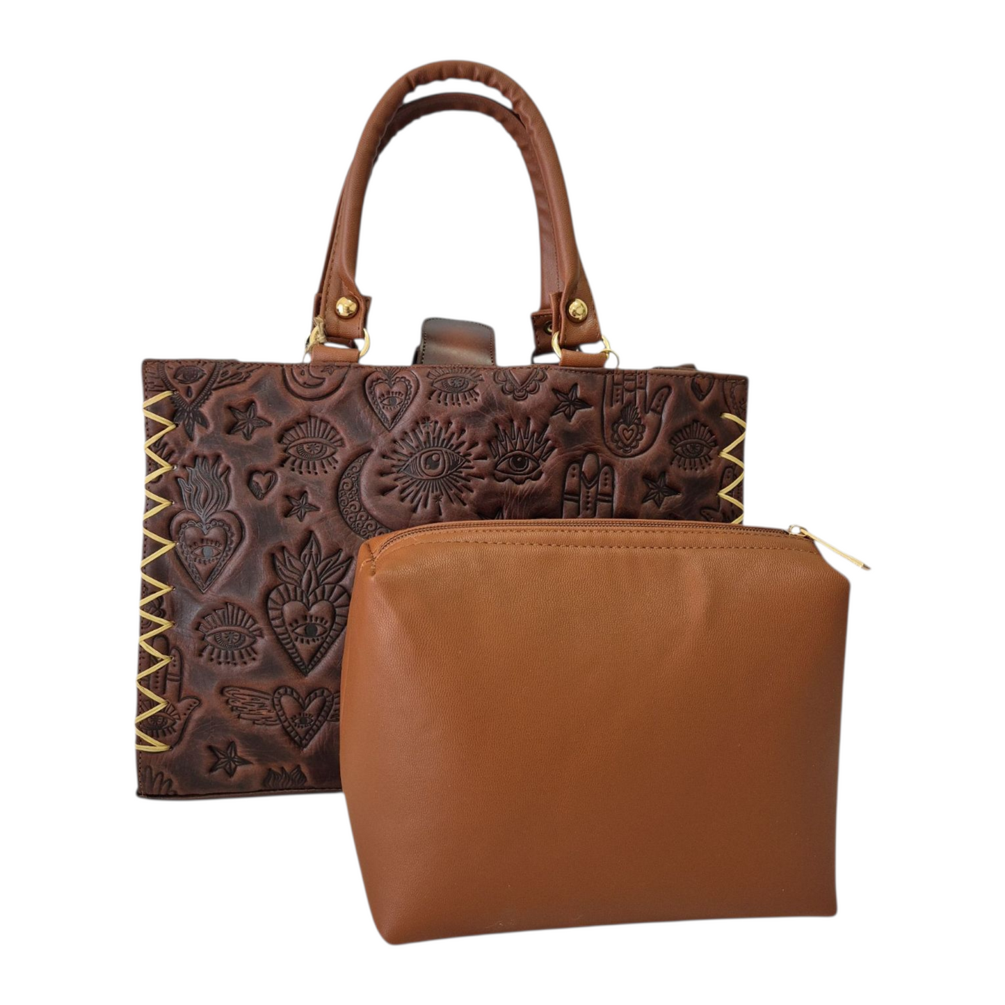 Bolsa artesanal café grabada con símbolos místicos – Asa corta y larga ajustable