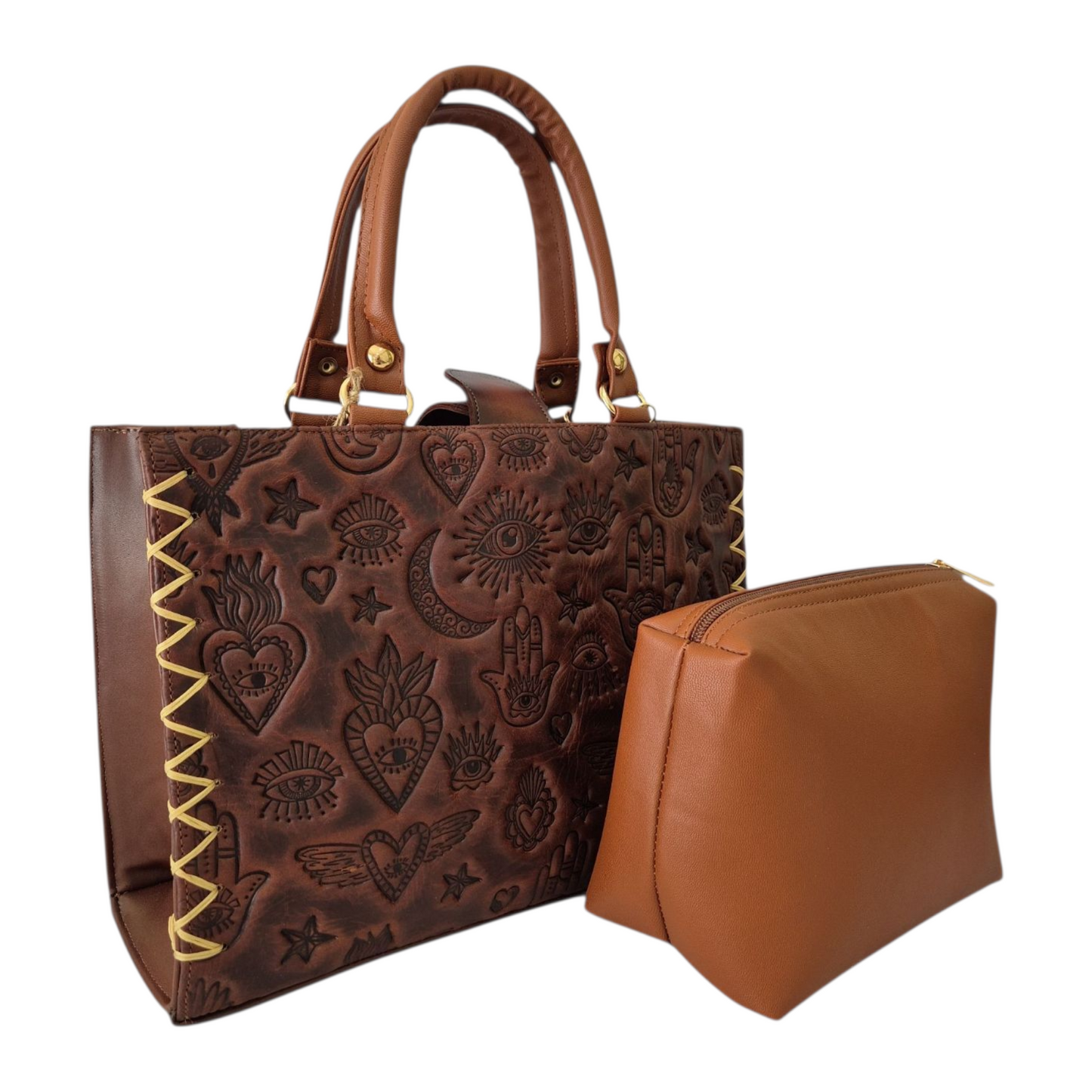 Bolsa artesanal café grabada con símbolos místicos – Asa corta y larga ajustable