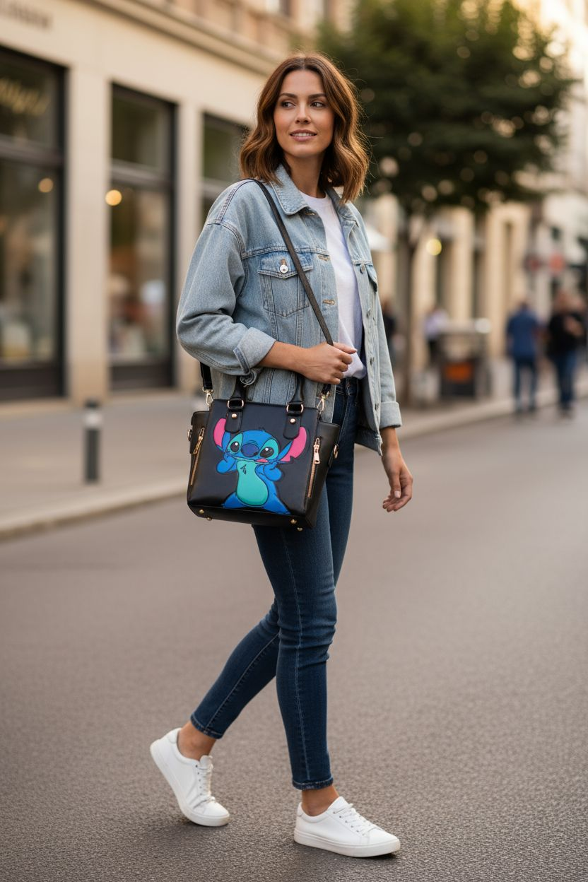 Bolsa negra artesanal con diseño animado colorido
