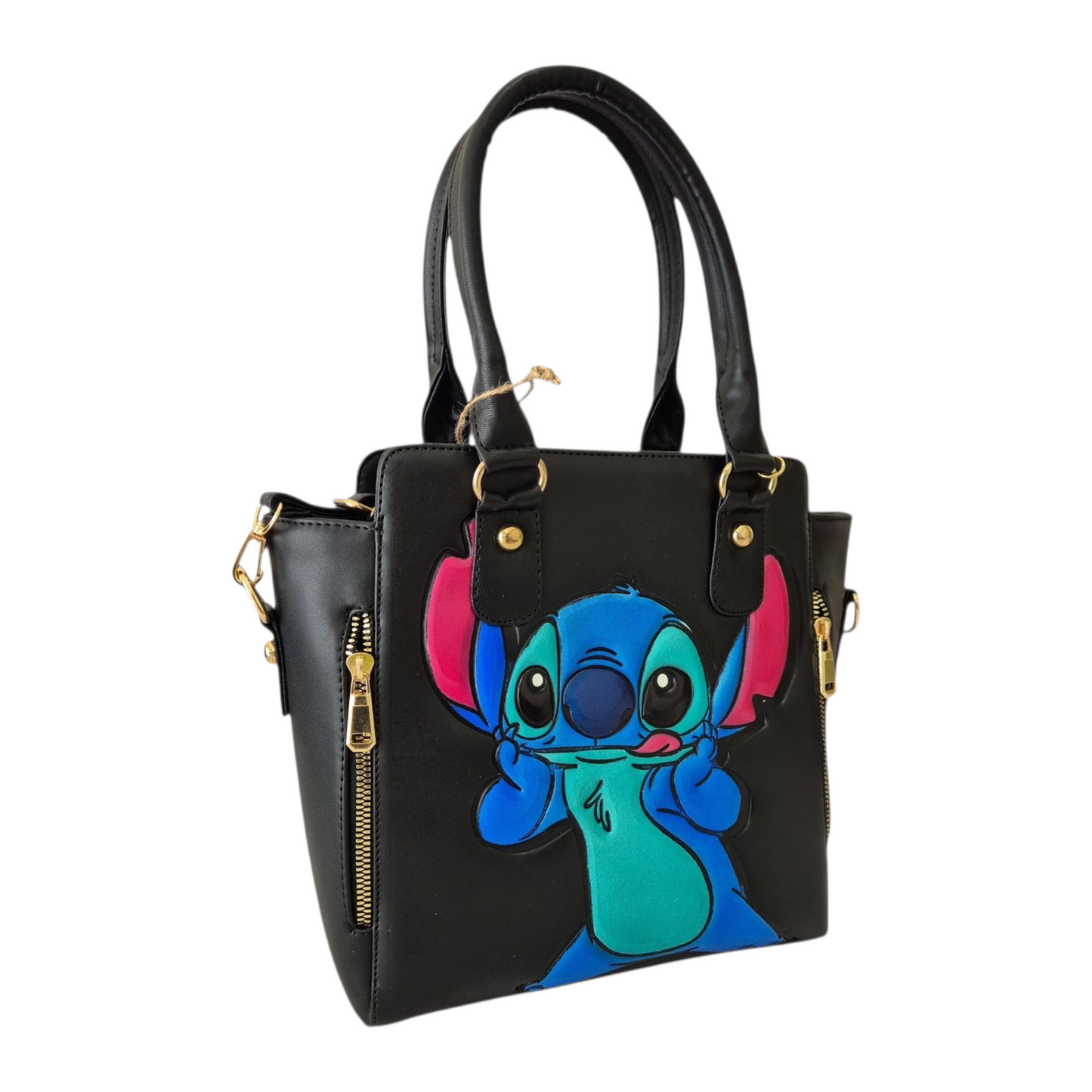 Bolsa negra artesanal con diseño animado colorido