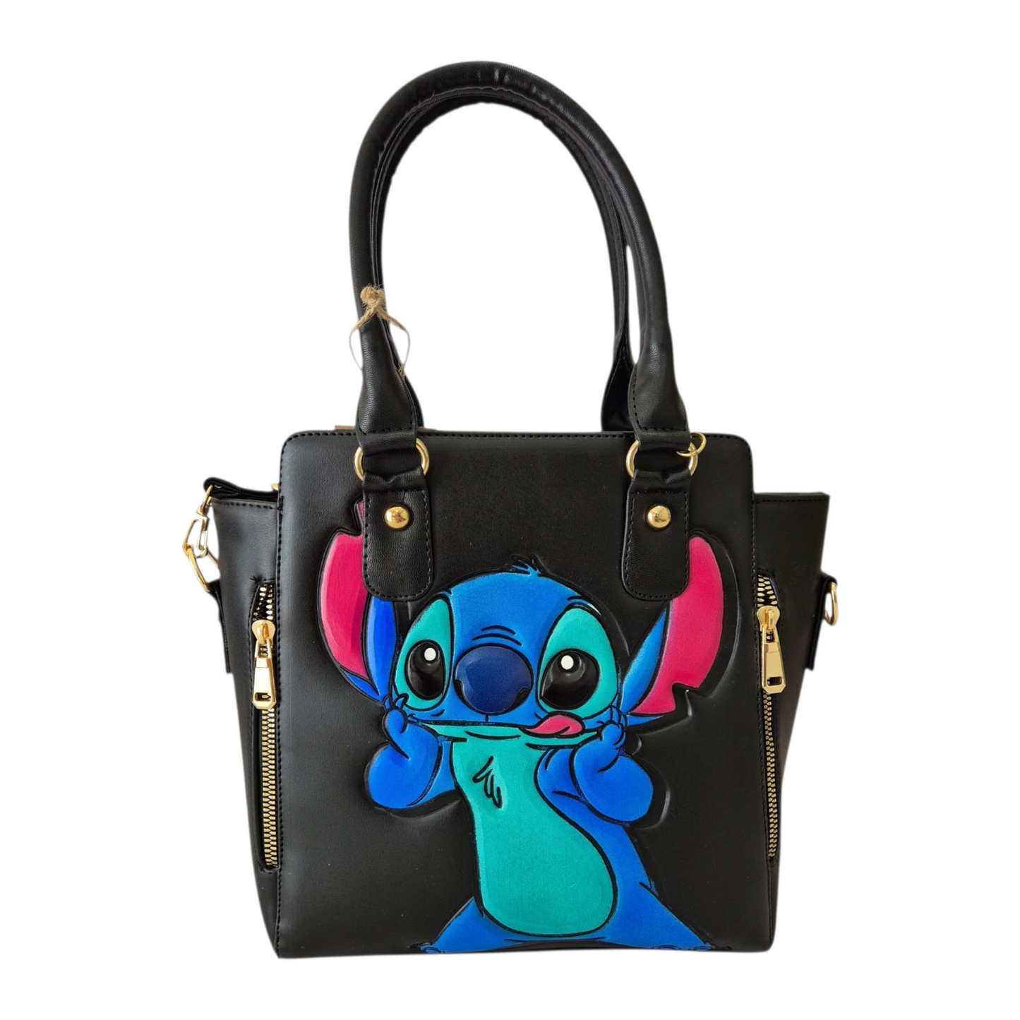 Bolsa negra artesanal con diseño animado colorido