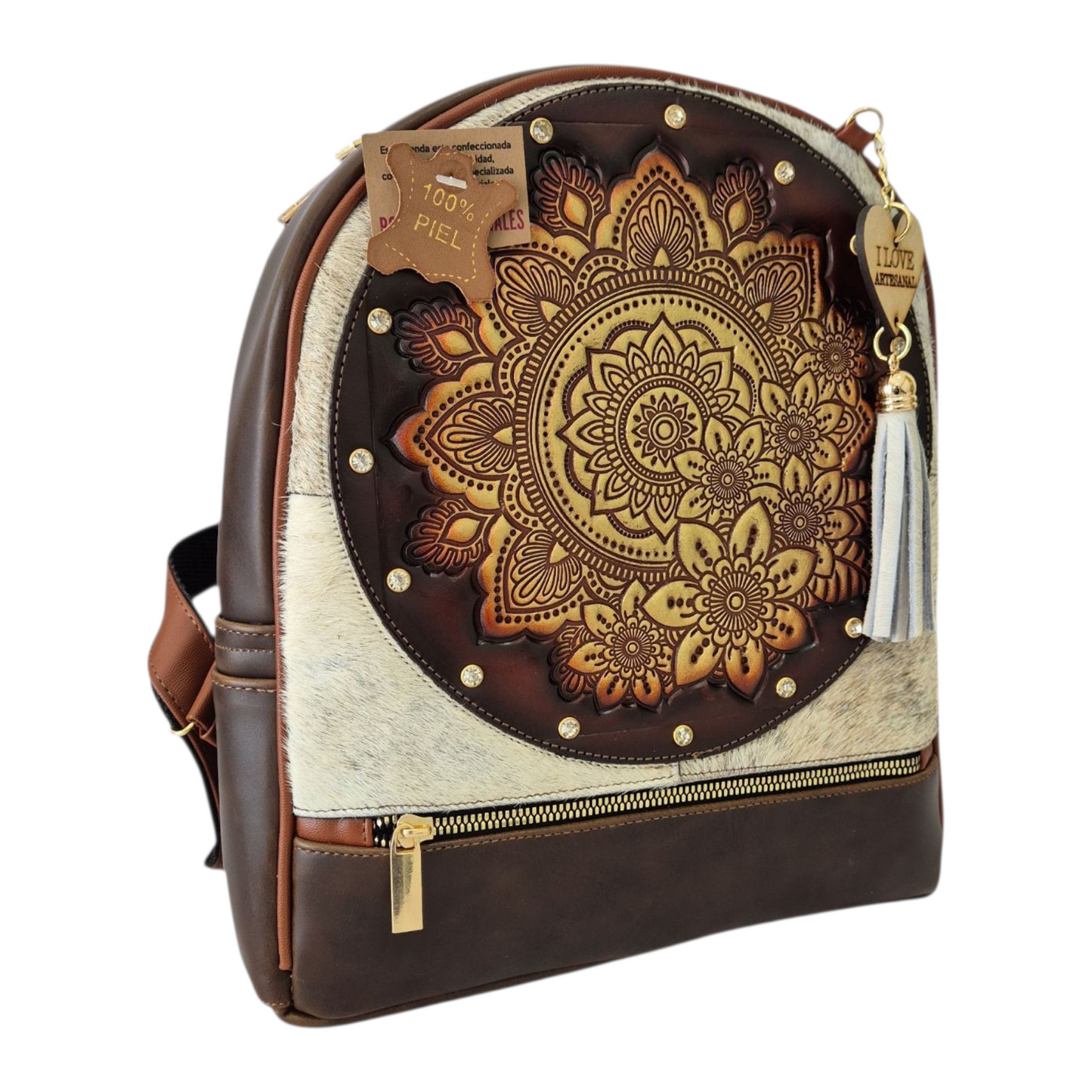 Mochila artesanal grabada con mandala floral | Hecha a mano | Diseño exclusivo