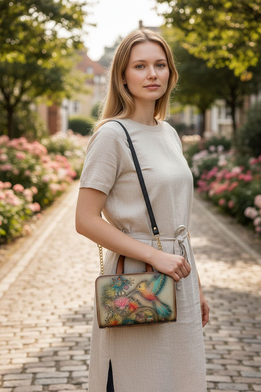 Bolsa artesanal grabada con colibrí multicolor diseño hecho a mano