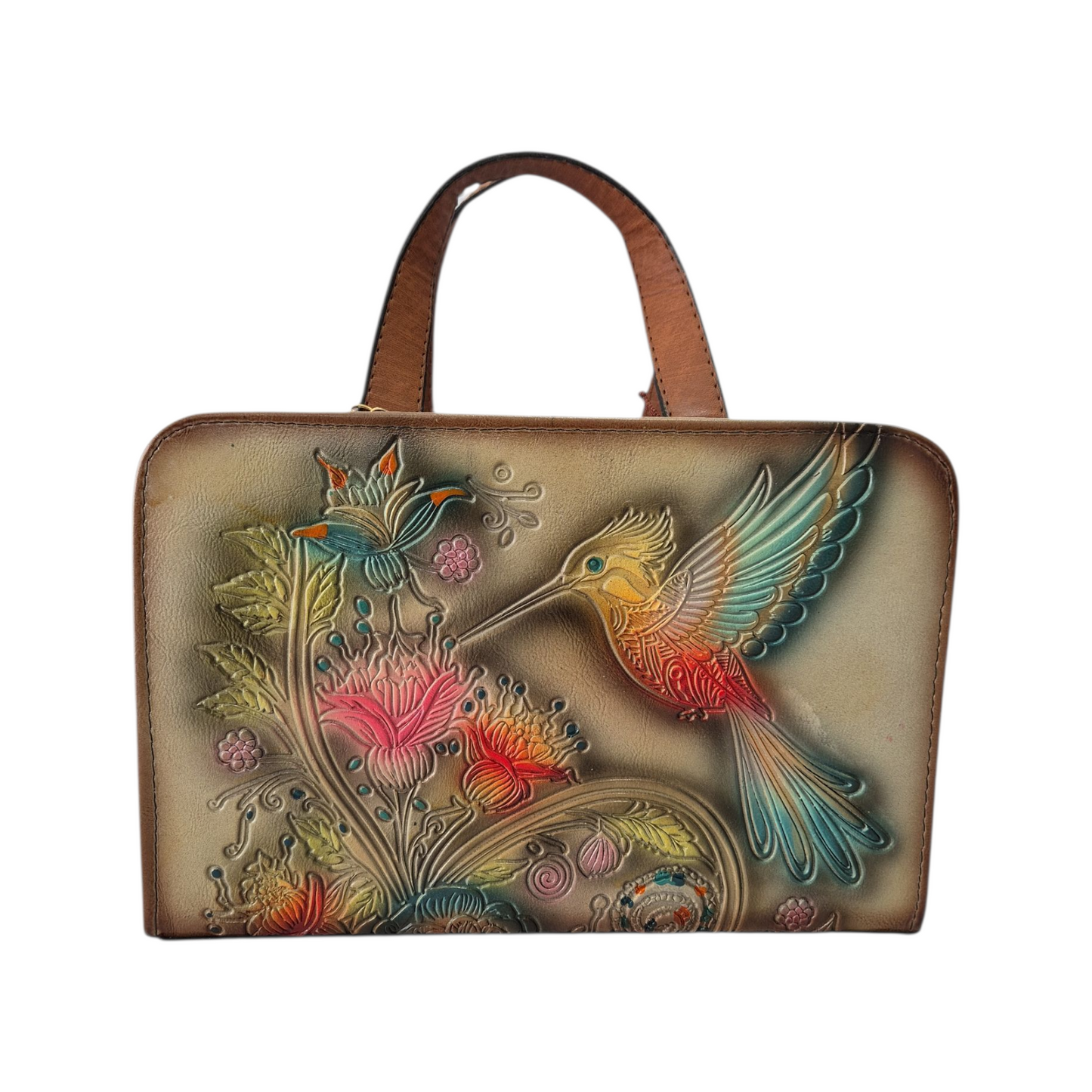 Bolsa artesanal grabada con colibrí multicolor diseño hecho a mano