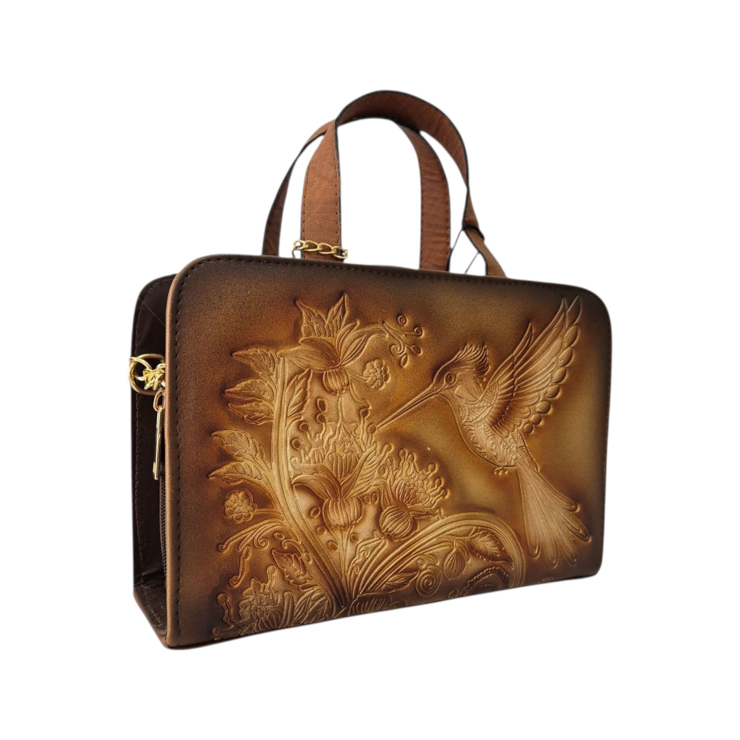 Bolsa artesanal grabada con colibrí diseño hecho a mano