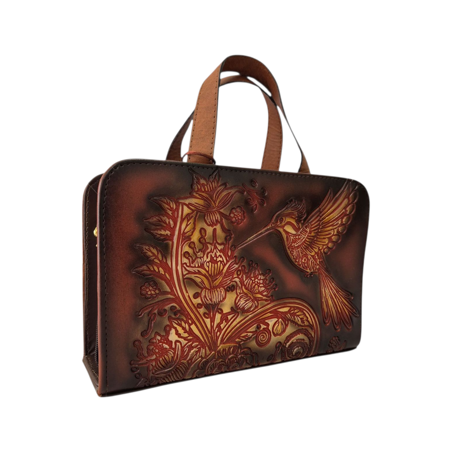 Bolsa color oscuro artesanal grabada con colibrí diseño hecho a mano