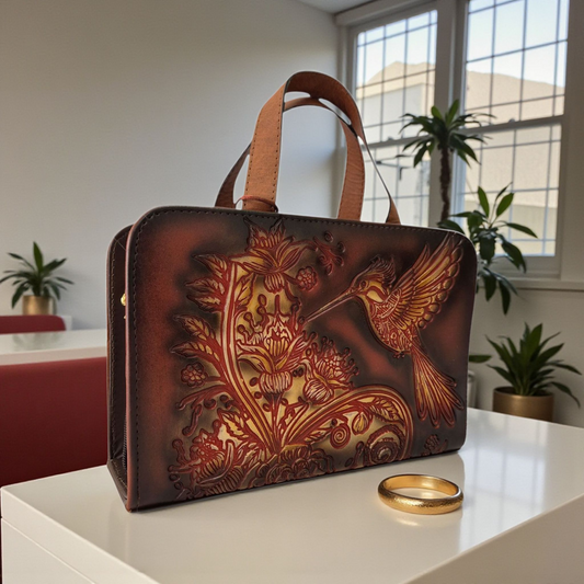 Bolsa color oscuro artesanal grabada con colibrí diseño hecho a mano