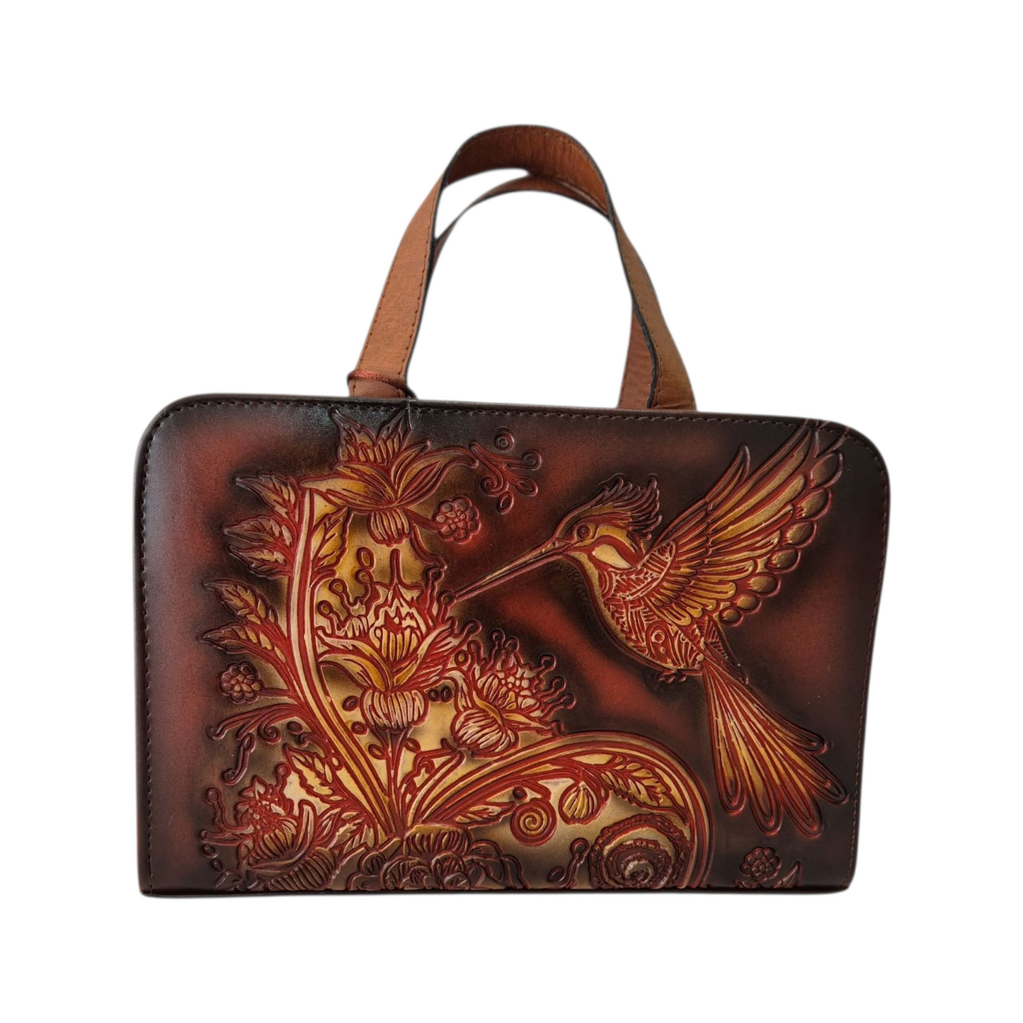 Bolsa color oscuro artesanal grabada con colibrí diseño hecho a mano