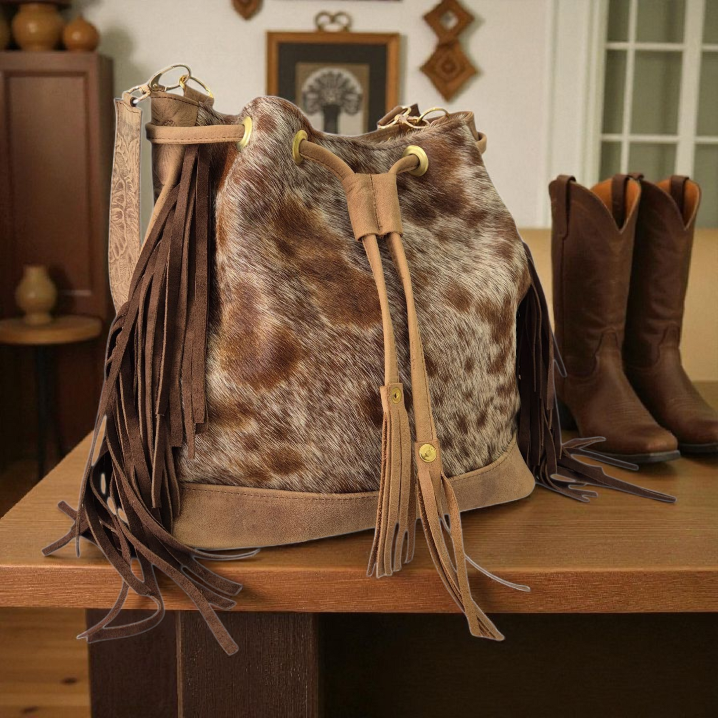 Morral artesanal de piel con flecos – hecho a mano en pelo natural