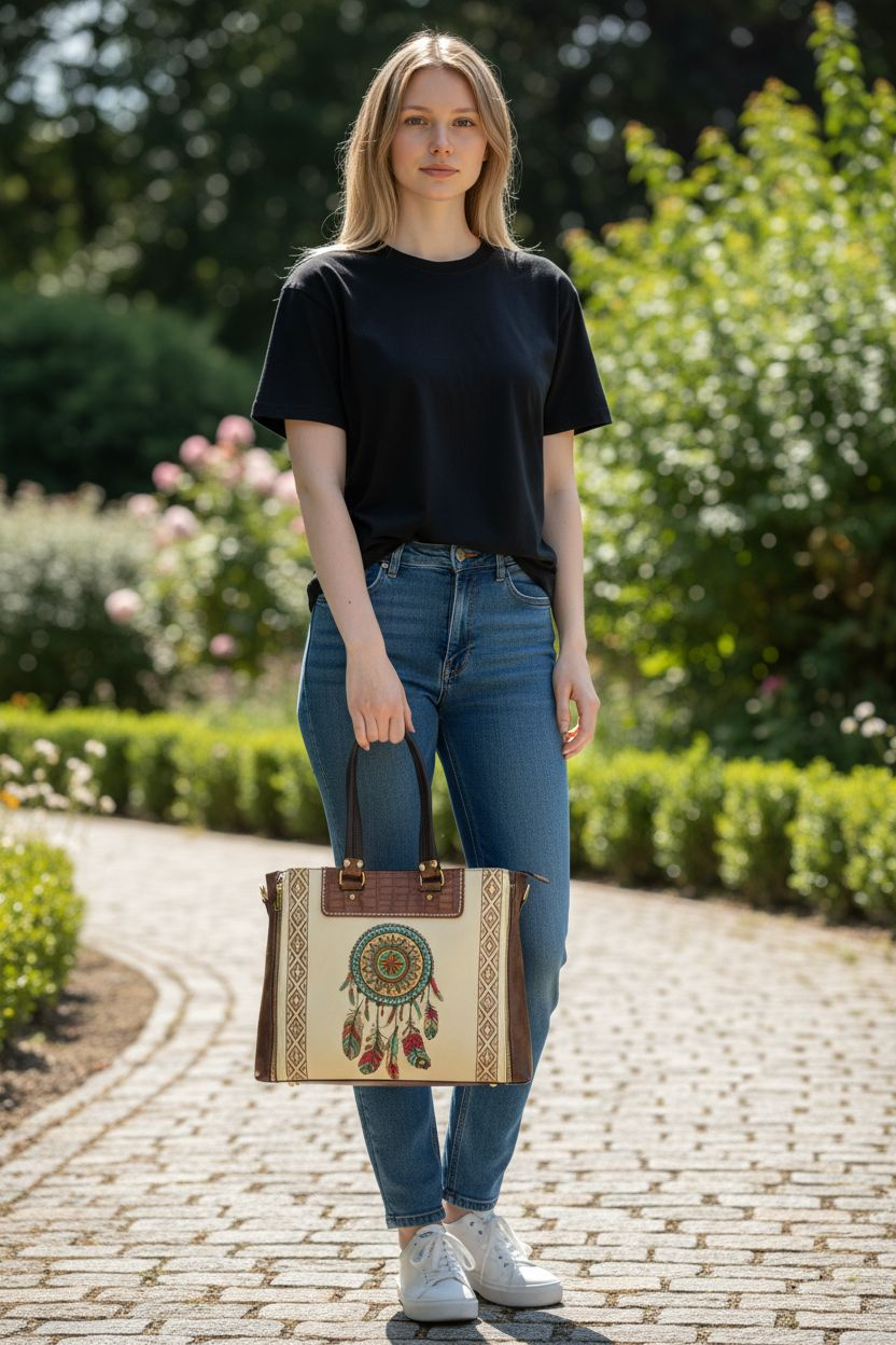 Bolsa beige con diseño de atrapasueños doble compartimento