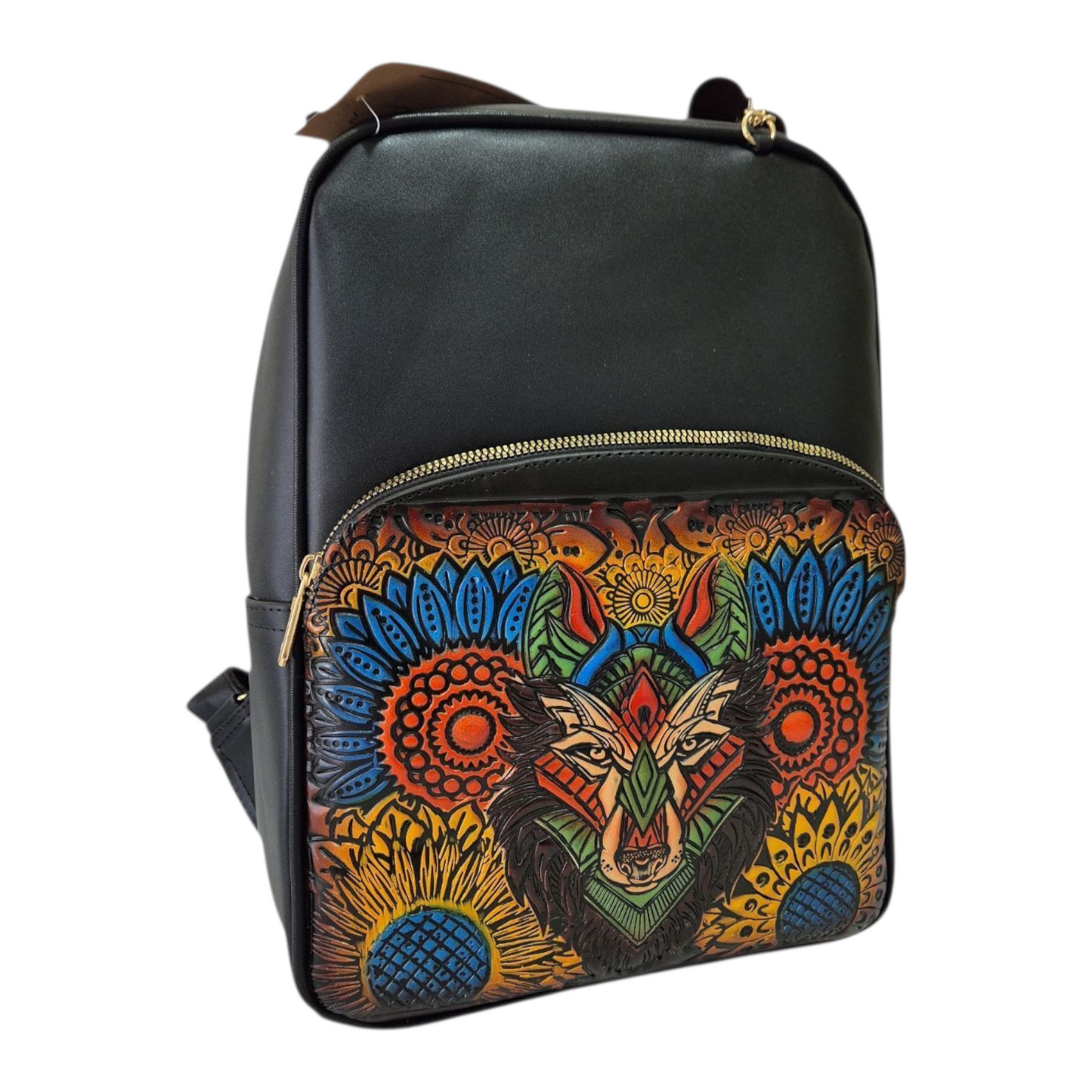 Mochila artesanal con diseño de lobo — grabado colorido, hecha a mano y con estilo único