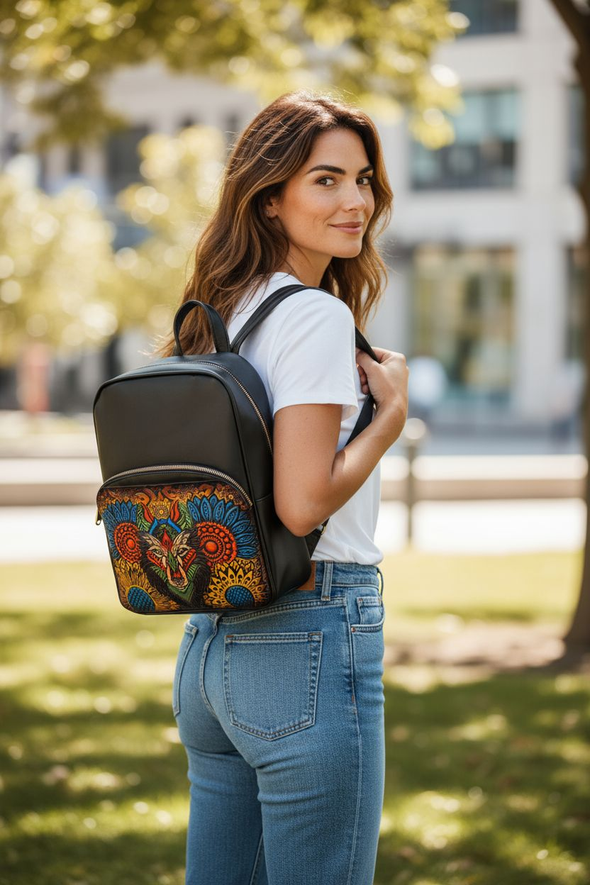 Mochila artesanal con diseño de lobo — grabado colorido, hecha a mano y con estilo único