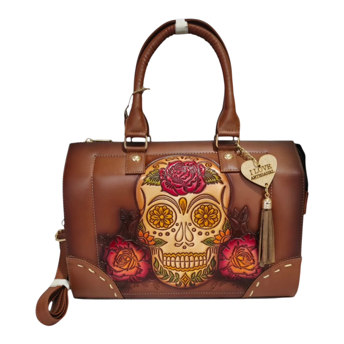 Bolsa artesanal color café con diseño de calavera y flores grabadas a mano estilo mexicano