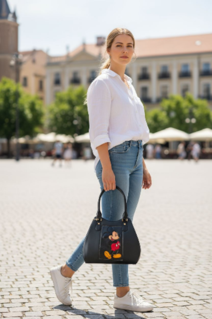 Bolsa Negra Casual para Mujer con Diseño de Personaje Animado en Relieve