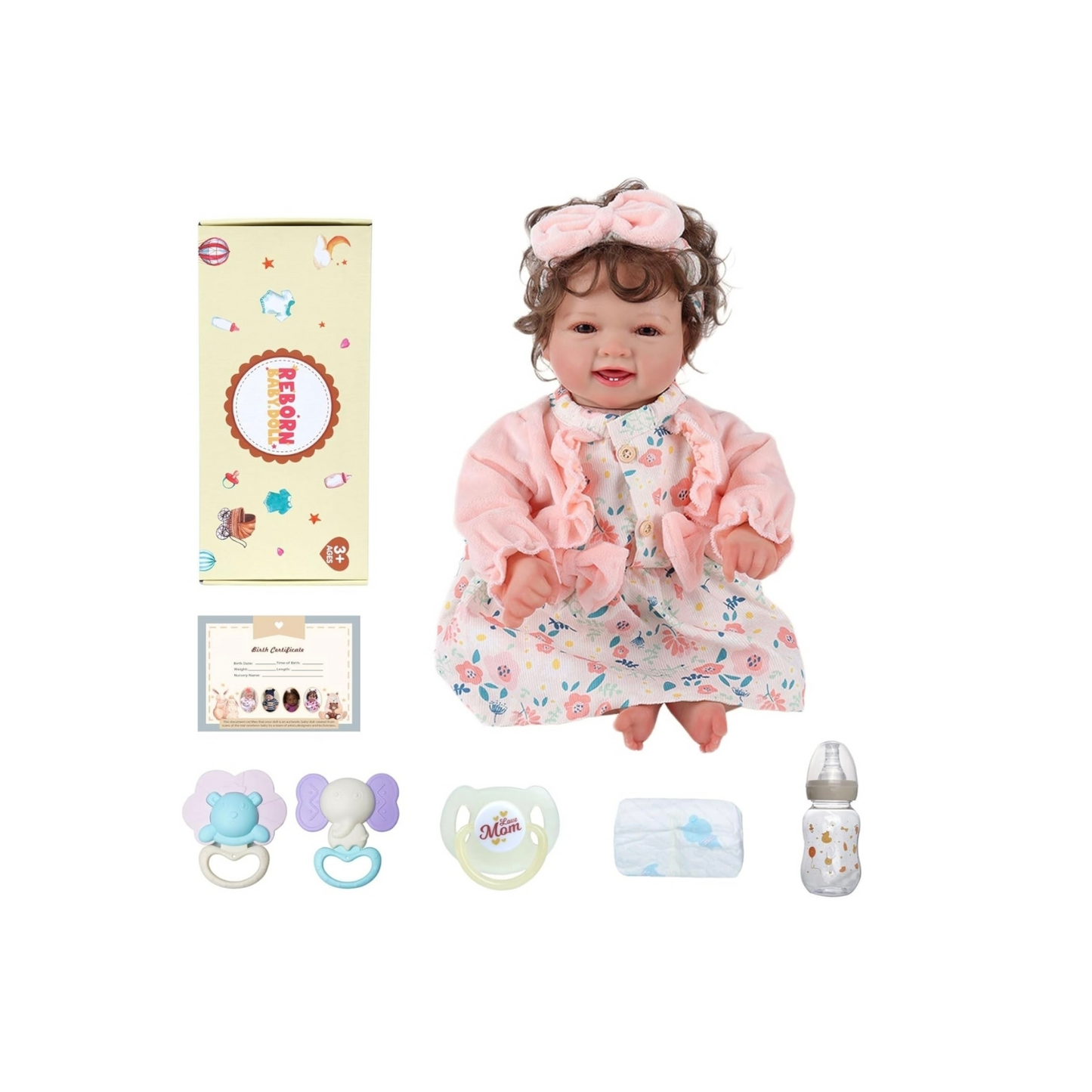 Muñeca bebé realista 43 cm | Cuerpo de tela y extremidades de vinilo | Incluye accesorios