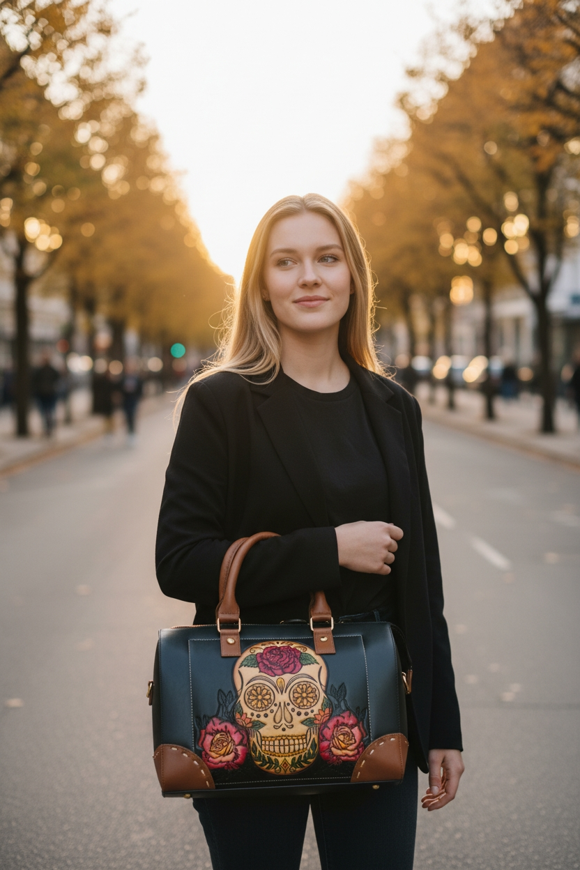 Bolsa de Mano Artesanal con Calavera Floral | Diseño Elegante y Único