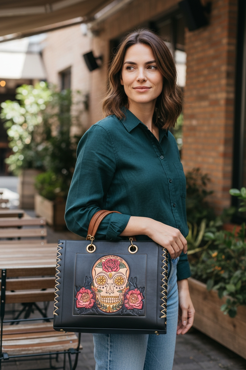 Bolsa de Mano Negra con Calavera Floral + Cosmetiquera Crossbody