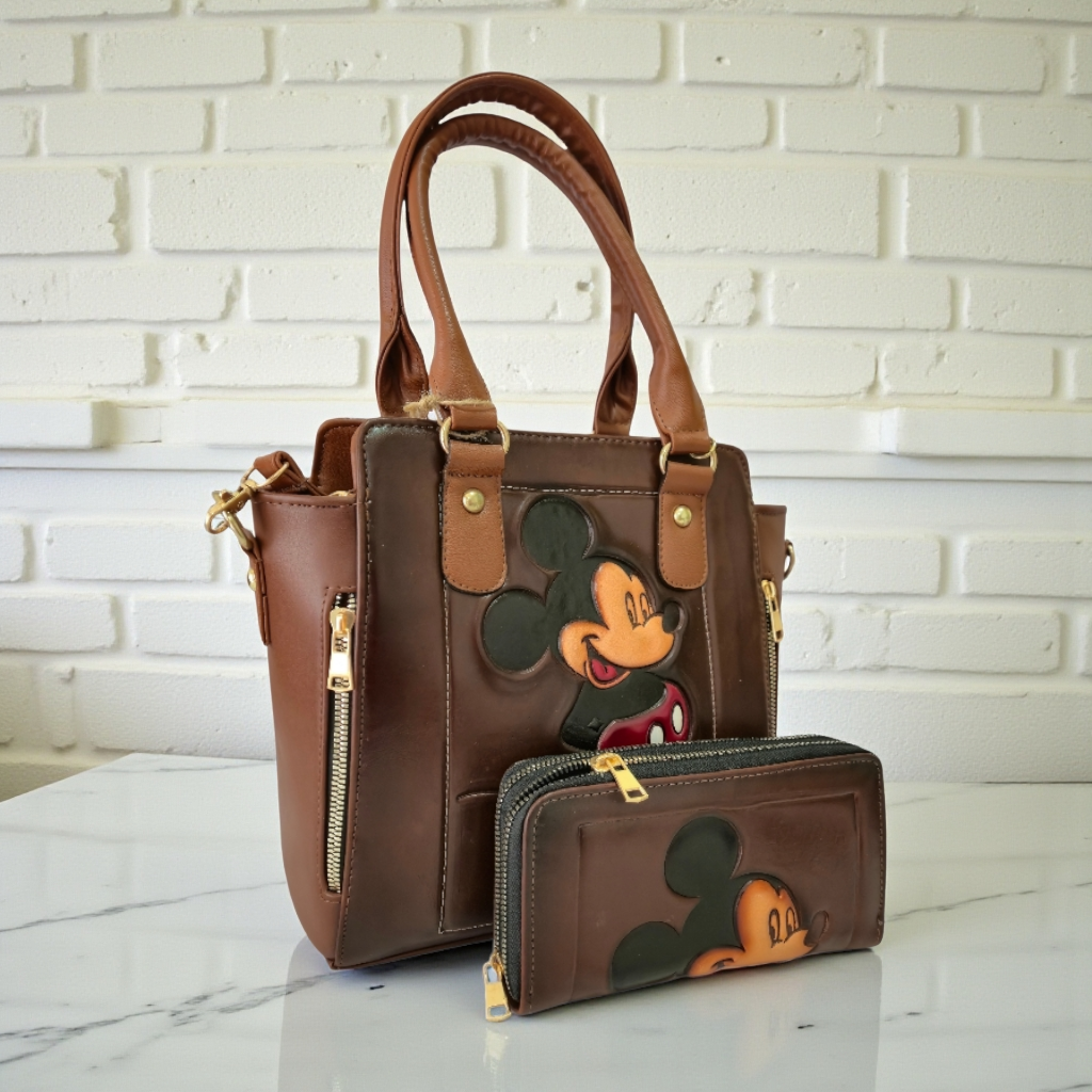 Brown Handbag with Embossed Classic Character + Matching Wallet