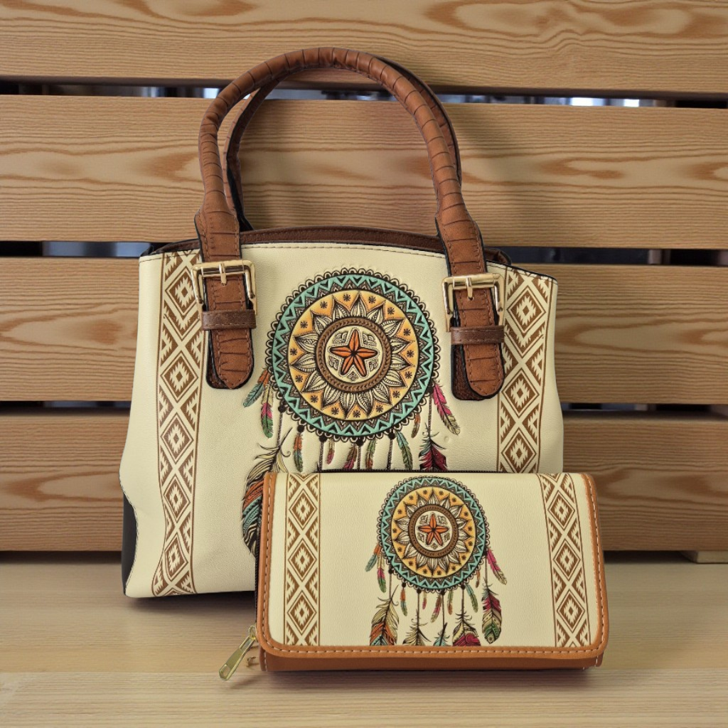 Set Artesanal de Bolsa y Billetera en Cuero Vegano con Diseño Étnico Atrapasueños