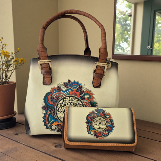 Set Artesanal de Bolsa y Billetera en Cuero Vegano con Diseño Arbol de la Vida