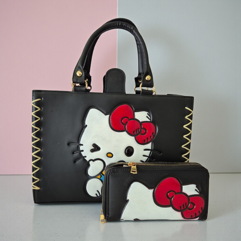 Bolso de Mano Negro con Diseño Cute + Billetera a Juego | Estilo Único y Elegante