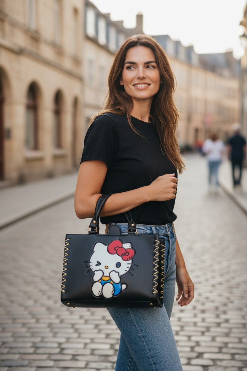 Bolso de Mano Negro con Diseño Cute + Billetera a Juego | Estilo Único y Elegante