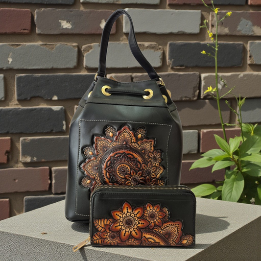 Set de Bolsa Tipo Bucket y Billetera Artesanal con Grabado Mandala en Relieve