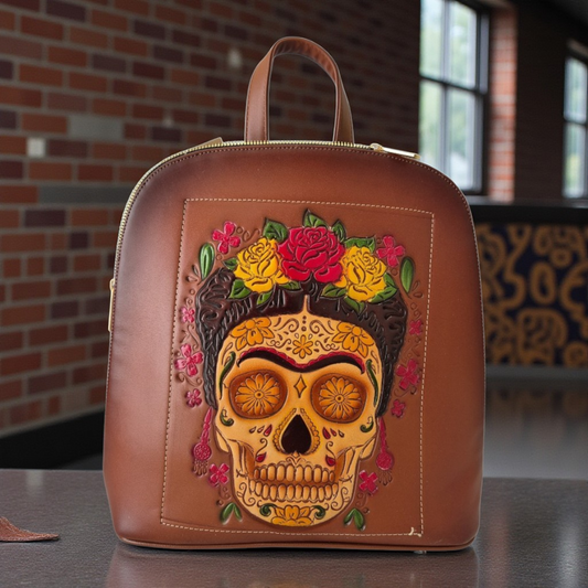 Mochila Casual Café Artesanal con Diseño de Catrina en Relieve para Mujer